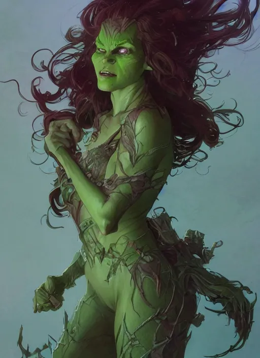 Image similar to a beautiful cute green goblin girl, D&D, fantasy, intricate, cinematic lighting, highly detailed, digital painting, artstation, concept art, smooth, sharp focus, illustration, art by Terry Moore and Greg Rutkowski and Alphonse Mucha