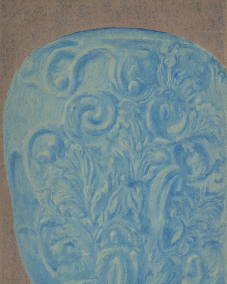 Image similar to achingly beautiful close up print of one painted ancient greek vase on baby blue background by rene magritte, monet, and turner. symmetrical, shaded.