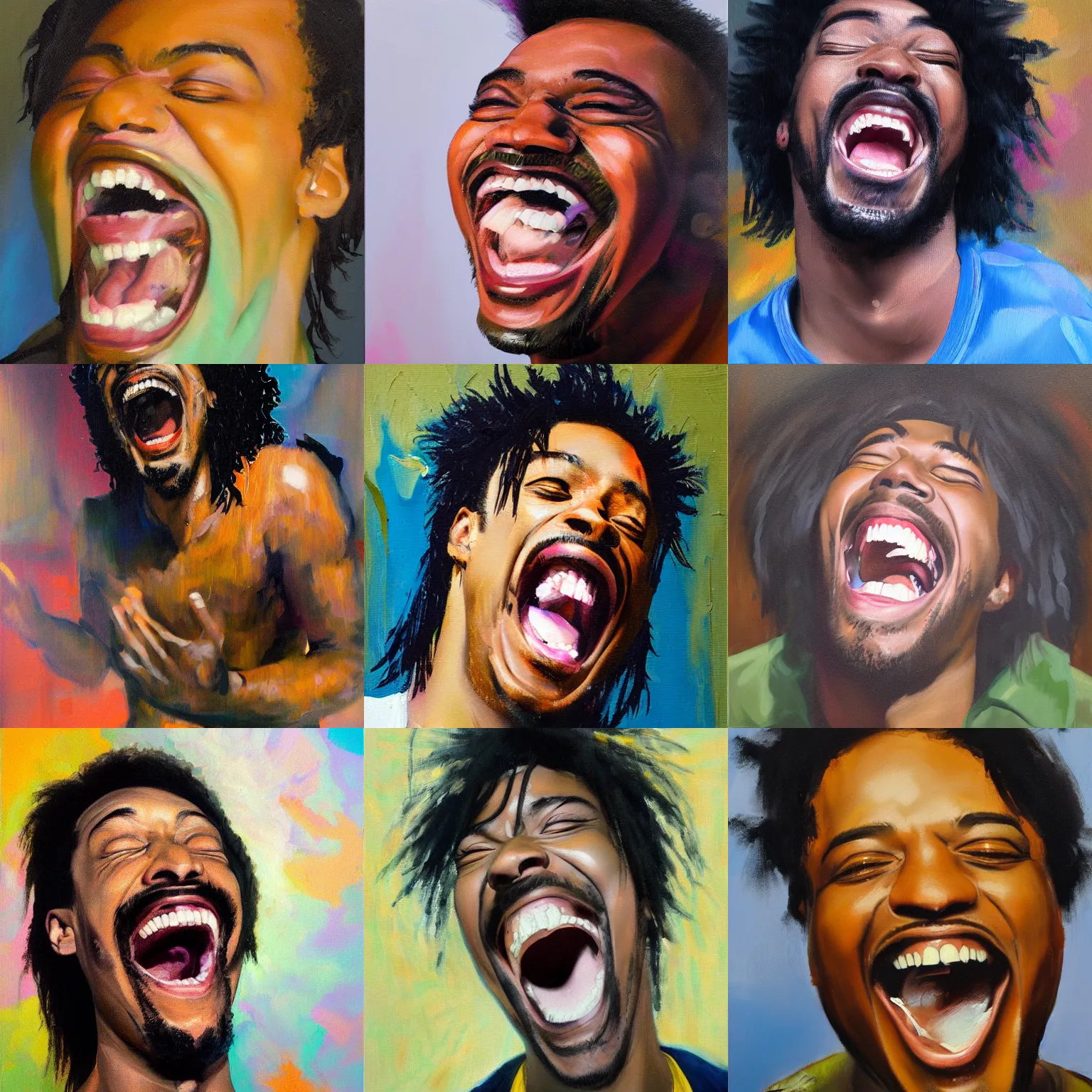 Prompt: Looser Brushwork oil painting, portrait of Danny Brown laughing