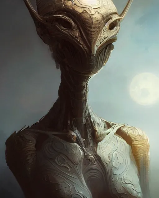 Image similar to humanoid alien, fantasy, intricate, elegant, highly detailed, digital painting, artstation, concept art, smooth, sharp focus, illustration, by artgerm and greg rutkowski