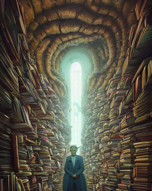 Image similar to highly detailed surreal vfx portrait of a boss monster in a catacomb of books, stephen bliss, unreal engine, greg rutkowski, loish, rhads, beeple, makoto shinkai and lois van baarle, ilya kuvshinov, rossdraws, tom bagshaw, alphonse mucha, global illumination, detailed and intricate environment