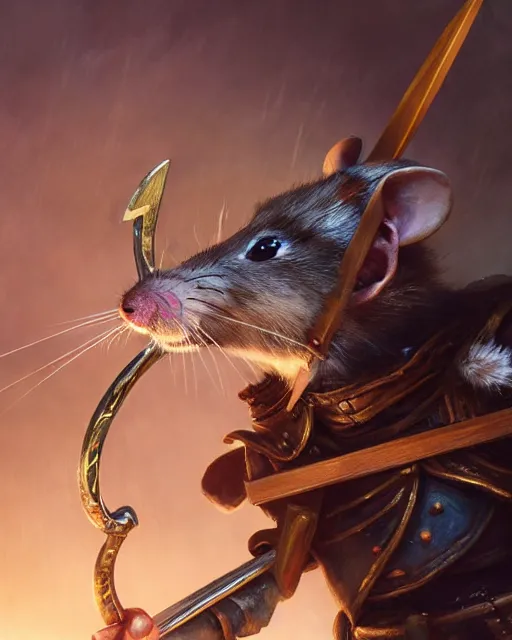 Prompt: closeup 2 8 mm anthropomorphic archer rat using a crossbow in a castle, d & d, fantasy, intricate, action pose, particle effects, highly detailed, digital painting, artstation, concept art, matte, sharp focus, volumetric lighting, illustration, hearthstone, art by artgerm, wlop, craig mullins, alphonse mucha