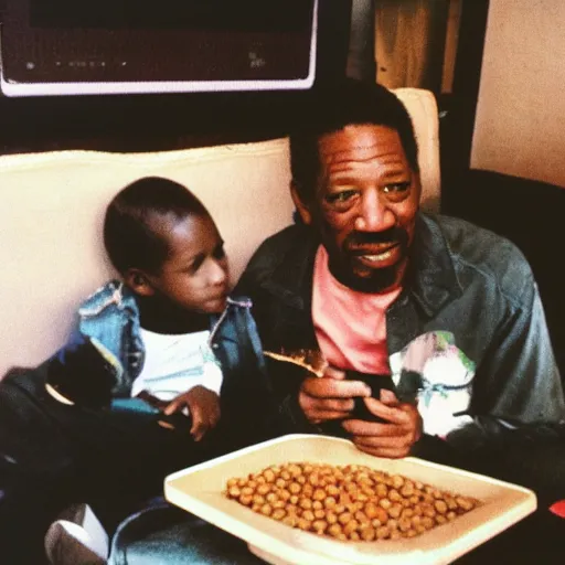 Image similar to polaroid photograph of morgan freeman eating lentils while watching a child play crash bandicoot