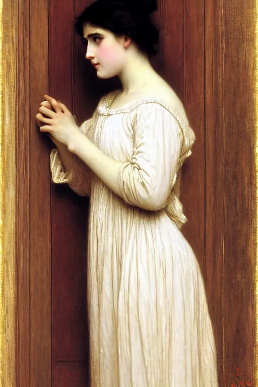 Image similar to girl in thought by auguste toulmouche and bouguereau, clear face, perfect detailed eyes, beautiful hands, pale skin, blonde hair, leaning on door