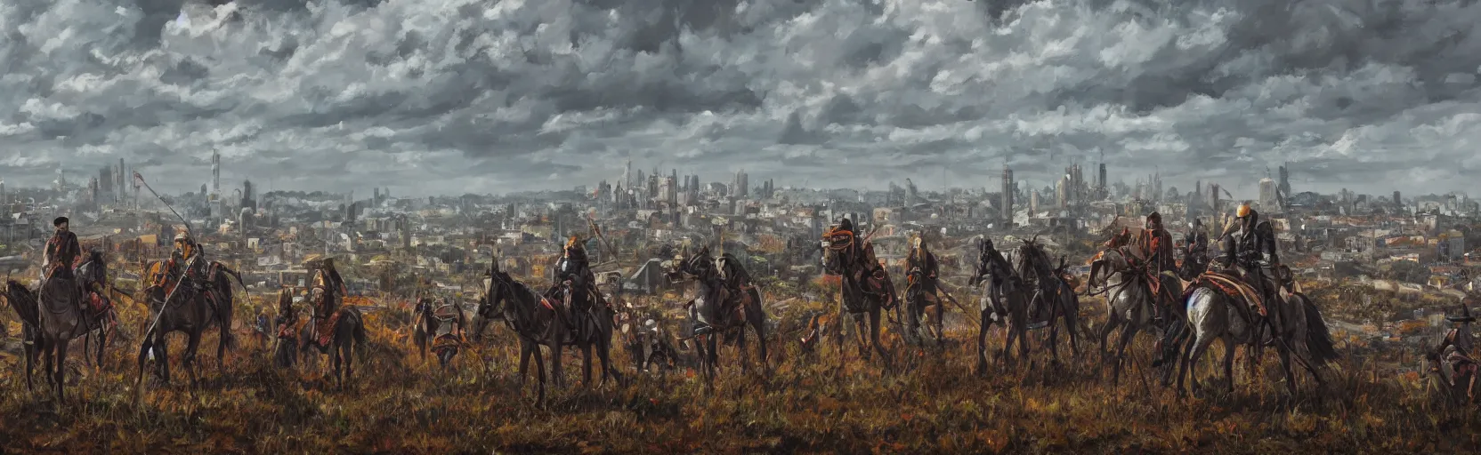 Image similar to horseback knights at scenic overlook; cloudy, grey skies, tents in foreground, fortress city of deteriorating office buildings in background upon hill, post apocalyptic, grungy; oil on canvas, artstation, neon