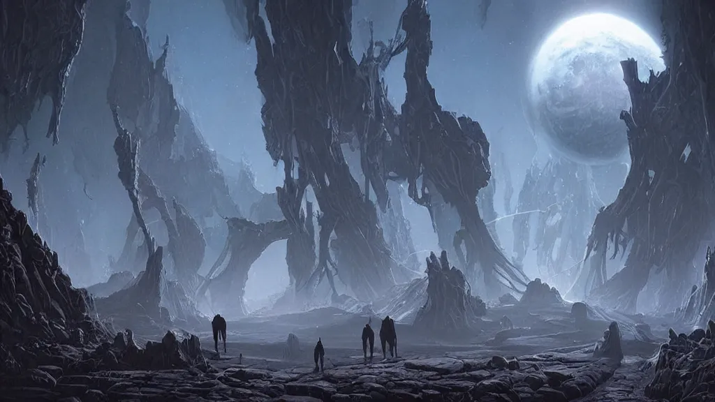 Image similar to eerie atmospheric alien worlds by michael whelan and stephan martiniere, epic cinematic matte painting