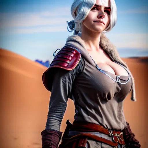 Image similar to cirilla cosplay, desert, professional shooting, natural light, anatomically correct body, beautiful face, many details, super realistic, high quality, 8 k