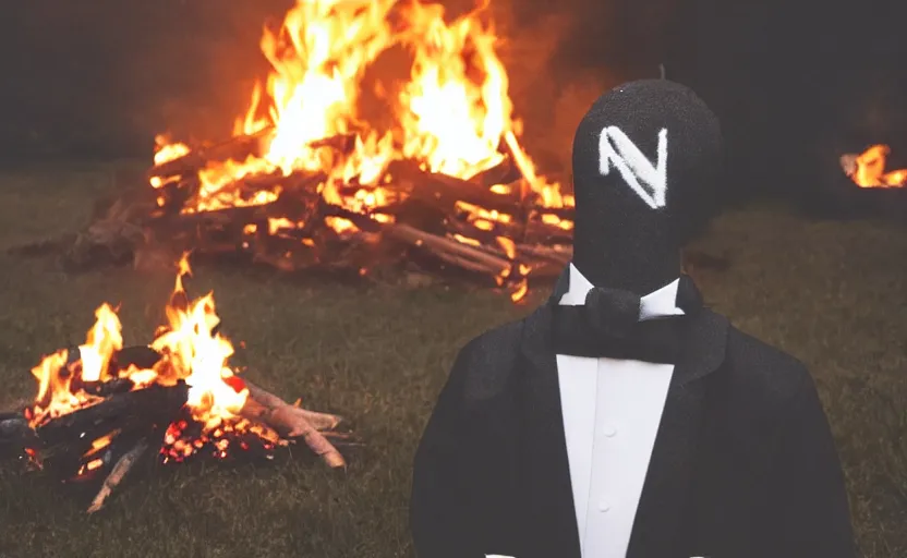 Image similar to a man wearing a tuxedo sitting in the middle of a bonfire