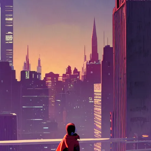 Image similar to damian wayne, city landscape, Gotham in the background, artstation, highly detailed, digital painting, by makoto shinkai and thomas kindle and James gilleard