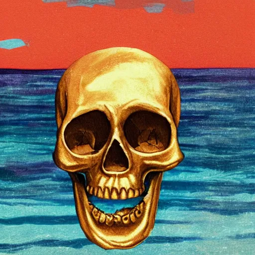 Prompt: a golden skull floating in the sea