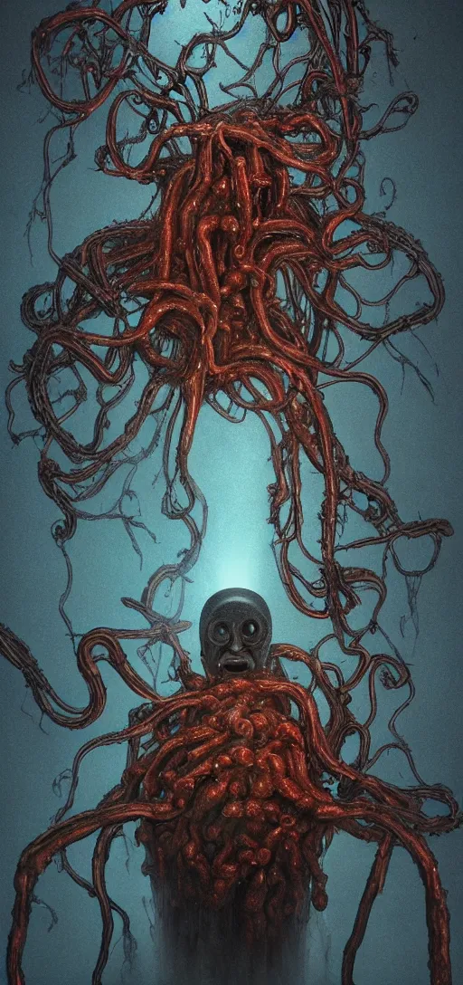 Image similar to thomas the tank engine in style of zdzisław beksinski, extremely dramatic lighting, 8 k, tendrils, black, darkness, black slime tendrils, infected, rust, body horror, thomas the train, thomas the tank engine face, horror,