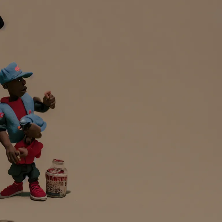 Image similar to a cinematic film still of a claymation stop motion film starring tyler the creator, shallow depth of field, 8 0 mm, f 1. 8