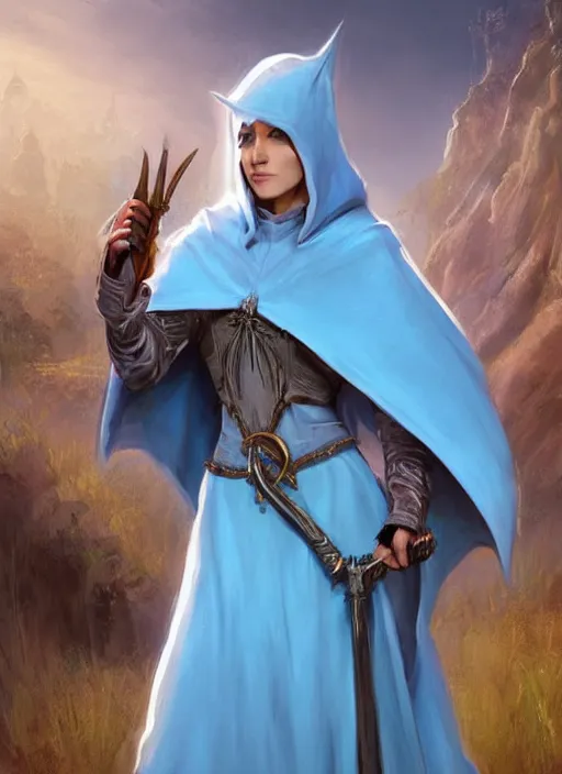 Image similar to light blue cloak female priest, ultra detailed fantasy, dndbeyond, bright, colourful, realistic, dnd character portrait, full body, pathfinder, pinterest, art by ralph horsley, dnd, rpg, lotr game design fanart by concept art, behance hd, artstation, deviantart, hdr render in unreal engine 5