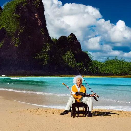 Image similar to albert einstein on tropical beach playing violin tourism photography award winning in the style of andrew rankin
