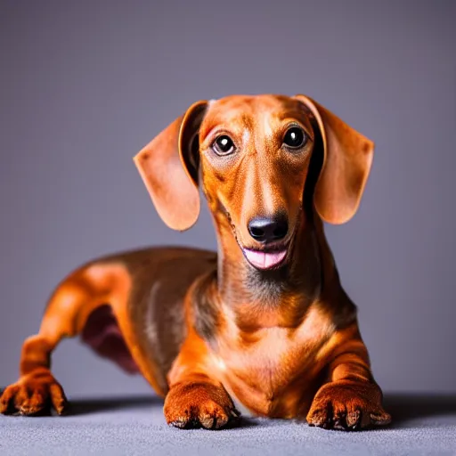 Image similar to photoshoot portrait of a very happy dachshund, with a big smile