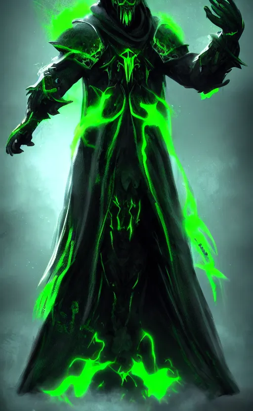Image similar to character design, dark priest, green lightning, black halo, evil, power, green mist, scary, photorealistic, unreal engine, hellish background