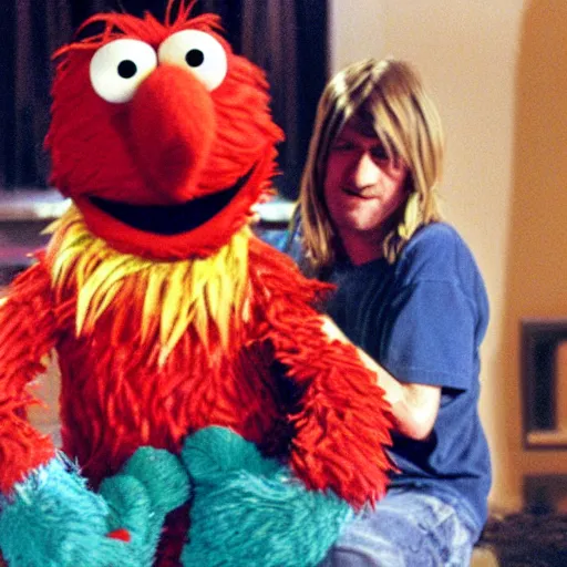 Image similar to Elmo hugging Kurt Cobain, Sesame Street