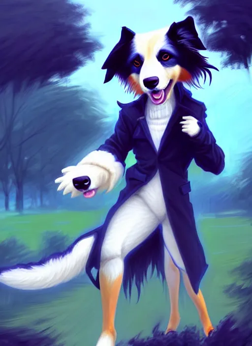 Image similar to full body digital painting of a cute male anthropomorphic border collie fursona wearing a trenchcoat and blue denim shorts in front of a park, furaffinity, scenic background, intricate, elegant, beautiful, fantasy, highly detailed, trending on artstation, art by charlie bowater and henry asencio and and ross tran