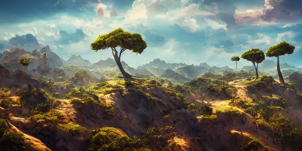 Image similar to Lively landscape of a socotra island filled with socotra dragon trees, realistic detailed digital art by Maxwell Boas Jessica Rossier Christian Dimitrov Anton Fadeev trending on Artstation CGSociety rendered in Unreal Engine 4k HQ