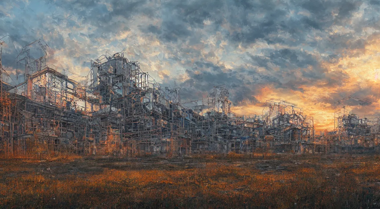 Image similar to a Stunning oil painting of Pripyat by gerg rutkowski,sunset,hyper detailed,Masterpieces,8K Resolution