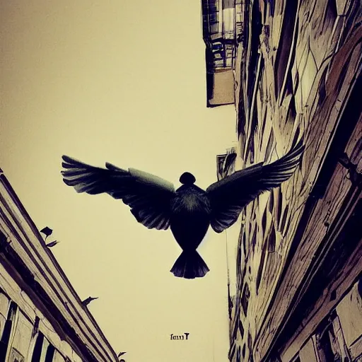 Prompt: perspection art by wlop : upwards perspective : flying bird