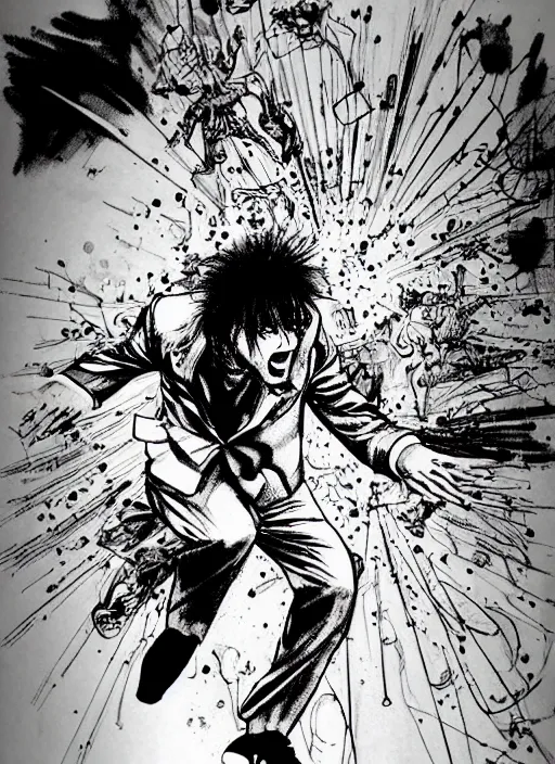 Prompt: a funky disco crackhead jumping around in the club, by takehiko inoue and kim jung gi, masterpiece ink illustration, realistic face and anatomy