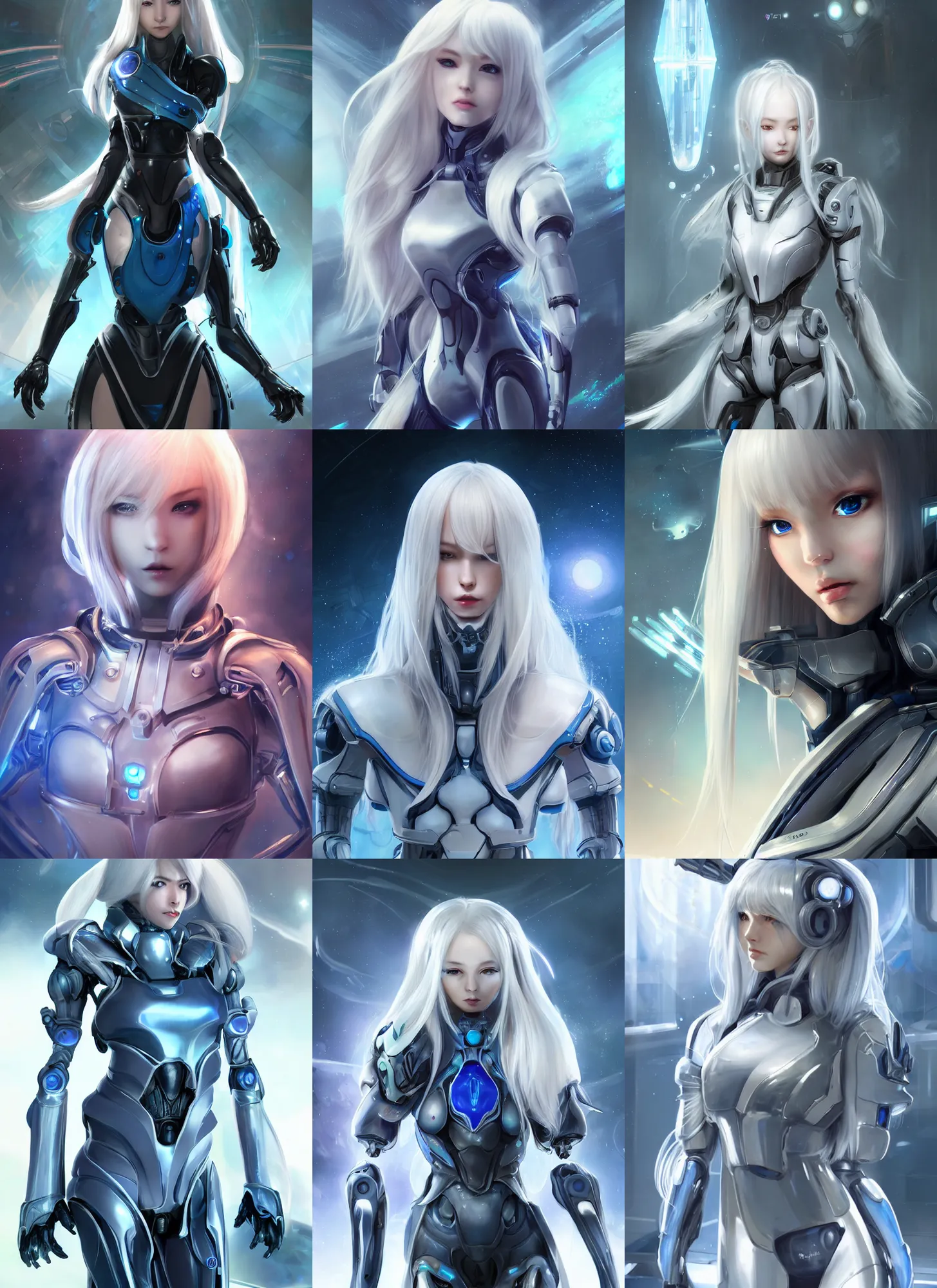 Prompt: perfect android girl, warframe armor, beautiful face, scifi, futuristic, space station, laboratory, kwak ji young, dreamy, long white hair, blue cyborg eyes, cinematic lighting, highly detailed, very cute, focused, artstation, divine, by gauthier leblanc, kazuya takahashi, huifeng huang, jama jurabaev