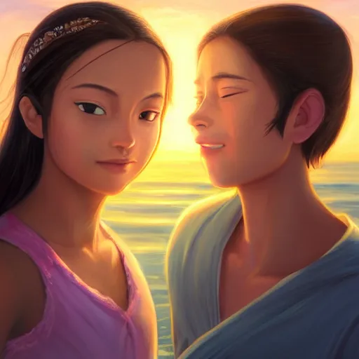 Image similar to beautiful serene intricate portrait of katara and toph taking a selfie, smiling softly, relaxing on the beach, golden hour, soft focus, 8 k, art by irakli nadar, hyperrealism, hyperdetailed, ultra realistic