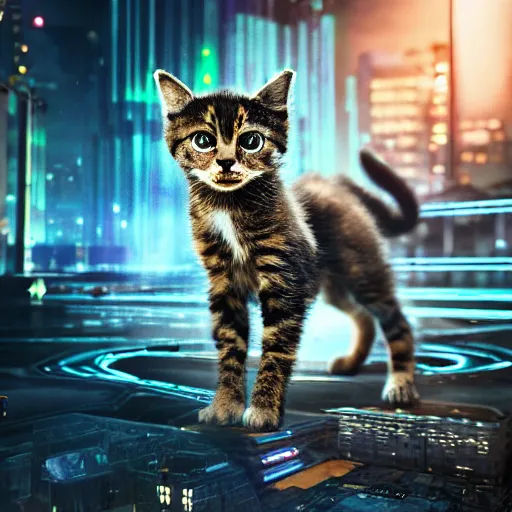 Image similar to full body pose, hyperrealistic photograph of a cyberpunk kitten, dim volumetric lighting, 8 k, octane beautifully detailed render, extremely hyper detailed, intricate, epic composition, cinematic lighting, masterpiece, trending on artstation, very very detailed, stunning, hdr, smooth, sharp focus, high resolution, award, winning photo, dslr, 5 0 mm