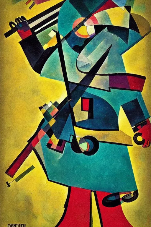 Prompt: “A metal detectorist in a Soviet propaganda poster, in the style of Kandinsky”