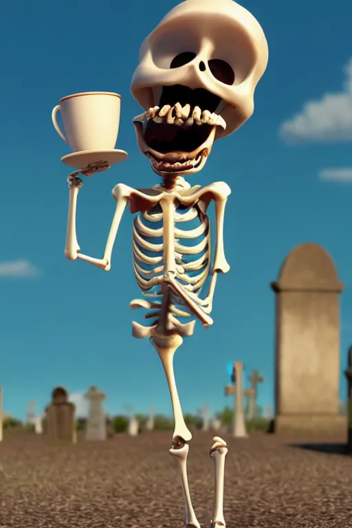 Image similar to a funny skeleton character holding a cup of coffee on a cemetery. pixar disney 4 k 3 d render funny animation movie oscar winning trending on artstation and behance. ratatouille style.