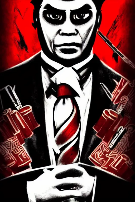 Image similar to chinnese mafia, with black suit and red tissue, some of leader have dragon tatto. digital art, concept art, pop art, bioshock art style, accurate, detailed, gta chinatown art style, cuphead art style, dynamic, face features, body features, ultra realistic, smooth, sharp focus, art by richard hamilton and mimmo rottela