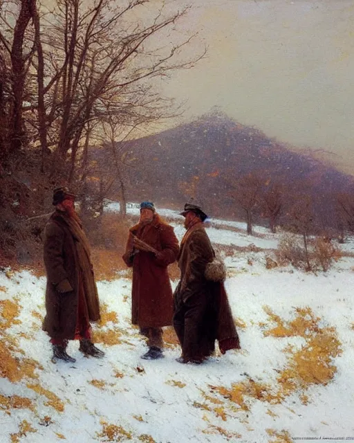 Image similar to handsome men reminisce about the end of autumn in a snow covered pasture, warm colors, hard angles, painting by gaston bussiere, craig mullins, j. c. leyendecker