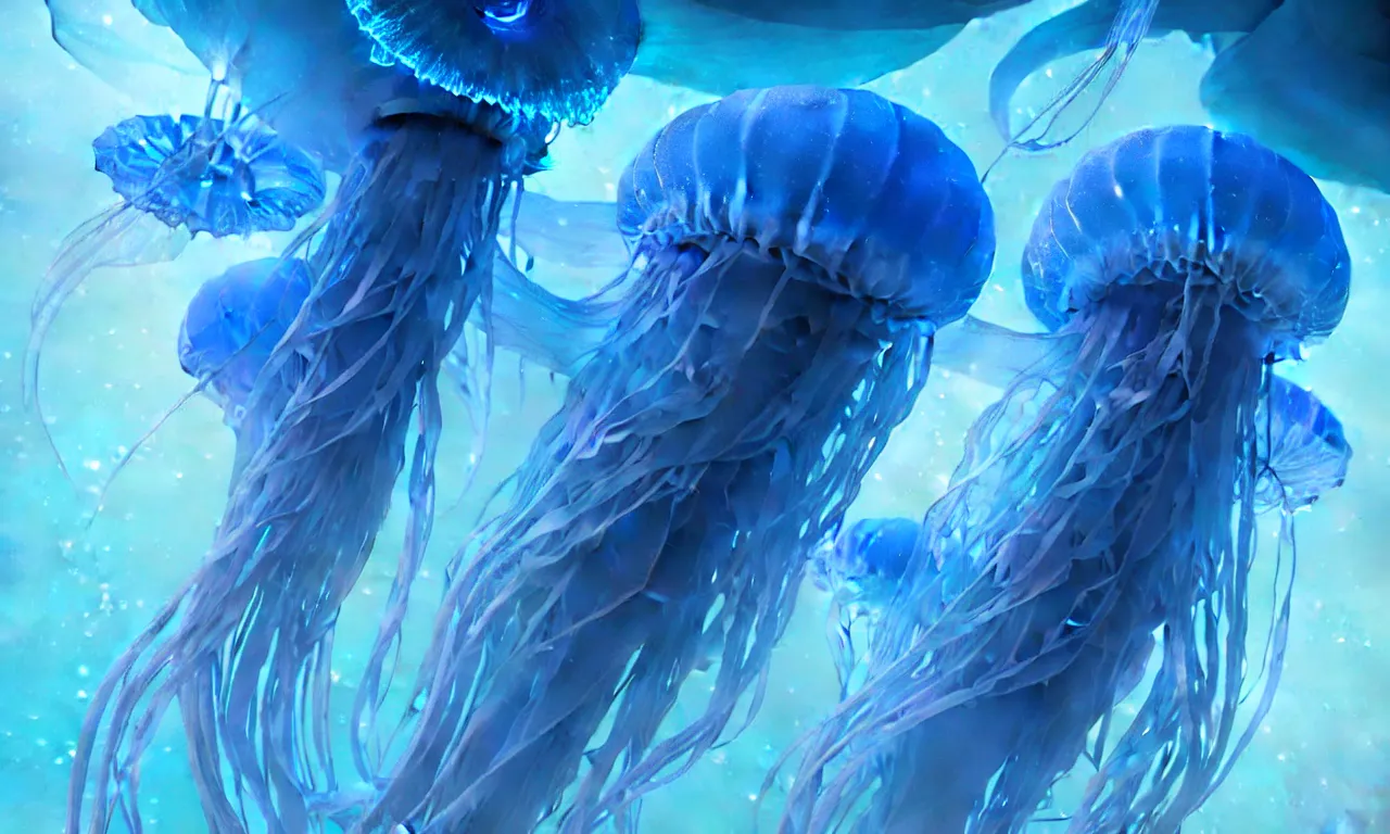 Prompt: detailed jellyfish in space, blue tones, underwater in ocean, full frame, highly detailed, digital painting, artstation, concept art, smooth, sharp focus, illustration, art greg rutkowski and alphonse mucha