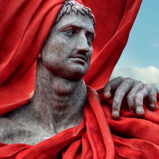 Image similar to a roman statue covered by red cloth that's blowing in the wind, digital art, concept art, cloth simulation with houdini, octane, redshift, 8 k