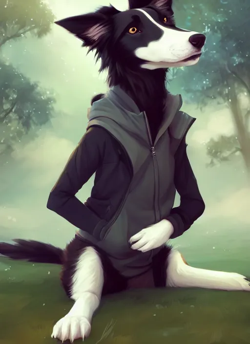 Prompt: wide angle beautiful full body portrait of a cute male anthropomorphic border collie fursona wearing a jacket in front of a park, character design by charlie bowater, henry asencio, and ross tran, furry art, furaffinity, scenic background, beautiful, glamor pose, detailed, trending on artstation