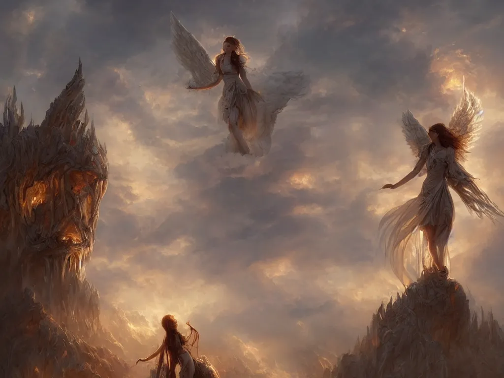 Image similar to angel carries a burning man in the clouds, fantasy art, award winning, dark fantasy, fantasy magic, intricate, elegant, sharp focus, cinematic lighting, highly detailed, digital painting, concept art, art by wlop and artgerm and greg rutkowski, masterpiece, trending on artstation, 8 k