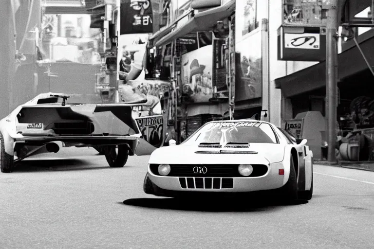 Image similar to single racecar 1 9 6 8 audi quattro, bmw m 1, movie still, vintage footage on tokyo streets, volumetric lighting, f 8 aperture, cinematic eastman 5 3 8 4 film