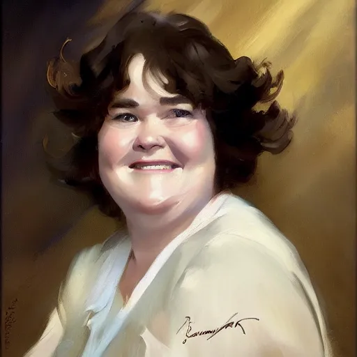 Prompt: portrait of susan boyle greg manchess painting by sargent and leyendecker, studio ghibli, fantasy, medium shot, asymmetrical, intricate, elegant, matte painting, illustration, hearthstone, by greg rutkowski, by greg tocchini, by james gilleard, by joe fenton