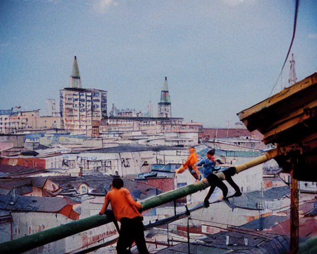 Image similar to lomo photo of roofjumpers climbing on roof of soviet hrushevka, small town, cinestill, bokeh, out of focus