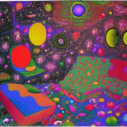 Image similar to psychedelic trippy couch in the lush forest, planets, flowers, mushrooms milky way, sofa, cartoon by mordecai ardon