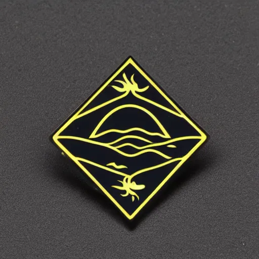 Prompt: a diamond enamel pin depicting a minimalistic clean graphic illustration fire flames warning label, smooth curves