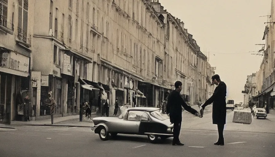 Image similar to “A still from a modern French art house movie 1960’s. City street, car, man and woman in love, Cinematic lighting, highly detailed, close-up,”