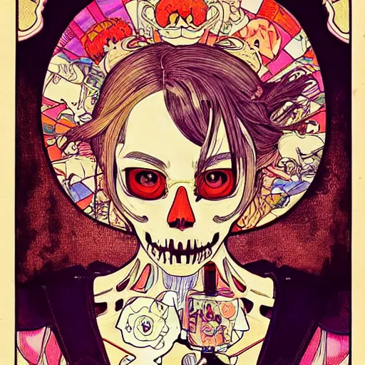 Prompt: manga skull portrait girl female skeleton realism hyperrealistic of princess peach nintendo art Geof Darrow and will cotton alphonse mucha pop art nouveau