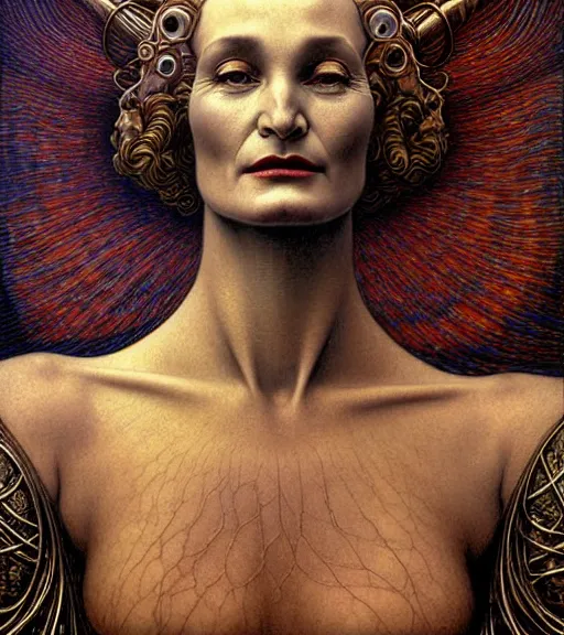 Image similar to detailed realistic beautiful young alien robot jessica lange as queen of mars face portrait by jean delville, gustave dore and marco mazzoni, art nouveau, symbolist, visionary, gothic, pre - raphaelite. horizontal symmetry by zdzisław beksinski, iris van herpen, raymond swanland and alphonse mucha. highly detailed, hyper - real, beautiful