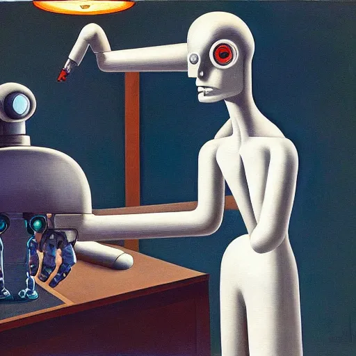 Prompt: mad scientist programming a cyborg robot with a human brain, grant wood, pj crook, edward hopper, oil on canvas
