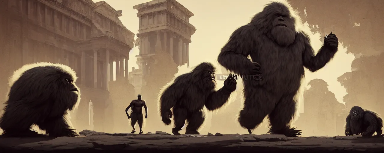 Prompt: duotone noir concept illustration 3 / 4 portrait of yeti and bigfoot visiting ancient rome museum. cinematic scene. vlumetric lighting. golden rario accidental renaissance. by sachin teng and sergey kolesov and ruan jia and heng z. graffiti art, scifi, fantasy, hyper detailed. octane render. concept art. trending on artstation