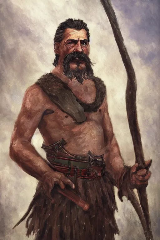 Prompt: a full body high detail fantasy portrait oil painting illustration of Joseph Stalin as a single rugged stoic barbarian man by Justin Sweet with face and body clearly visible, in a scenic background, pupils visible, realistic proportions, d&d, rpg, forgotten realms, artstation trending, high quality, sombre mood, muted colors, no crop, entire person visible!, natural light