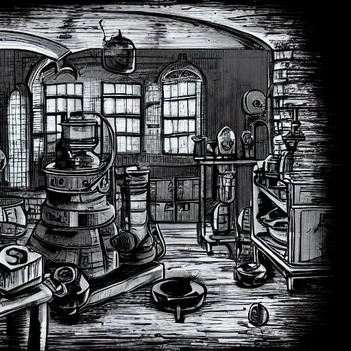 Image similar to inside a mysterious alchemist\'s laboratory, 70mm film, trending on artstation