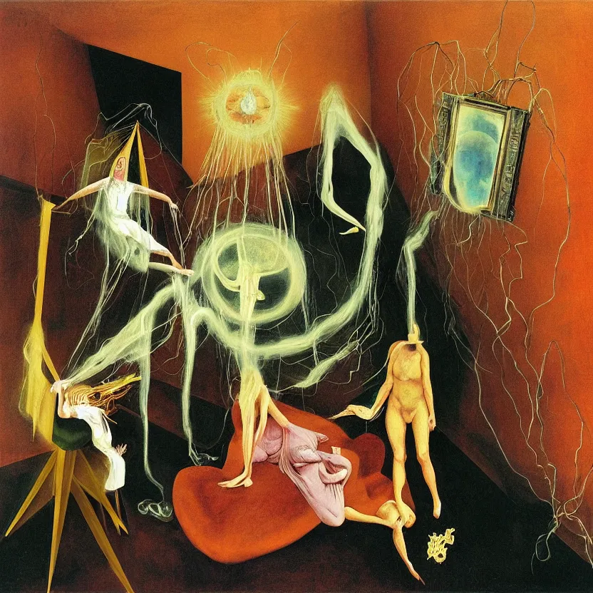 Image similar to One man and one woman attached by love in a living room of a house, floating dark energy surrounds the middle of the room. There is one living room plant to the side of the room, surrounded by a background of dark cyber mystic alchemical transmutation heavenless realm, cover artwork by francis bacon and Jenny seville, by Remedios Varo and Anato Finnstark and Greg Rutkowski and Andy Warhol, dayglo pink, dayglo blue, prismatic, pearlescent white, raven black, hyperrealism, 8k, trending on ArtStation, rendered in Octane, rendered in Unreal engine, award winning, volumetric lighting